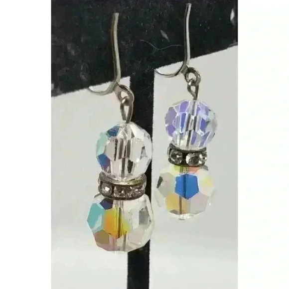 Vtg Earrings Clip Long Dangle Crystal Faceted AB Prism Balls Rhinestone Accent - Picture 1 of 8